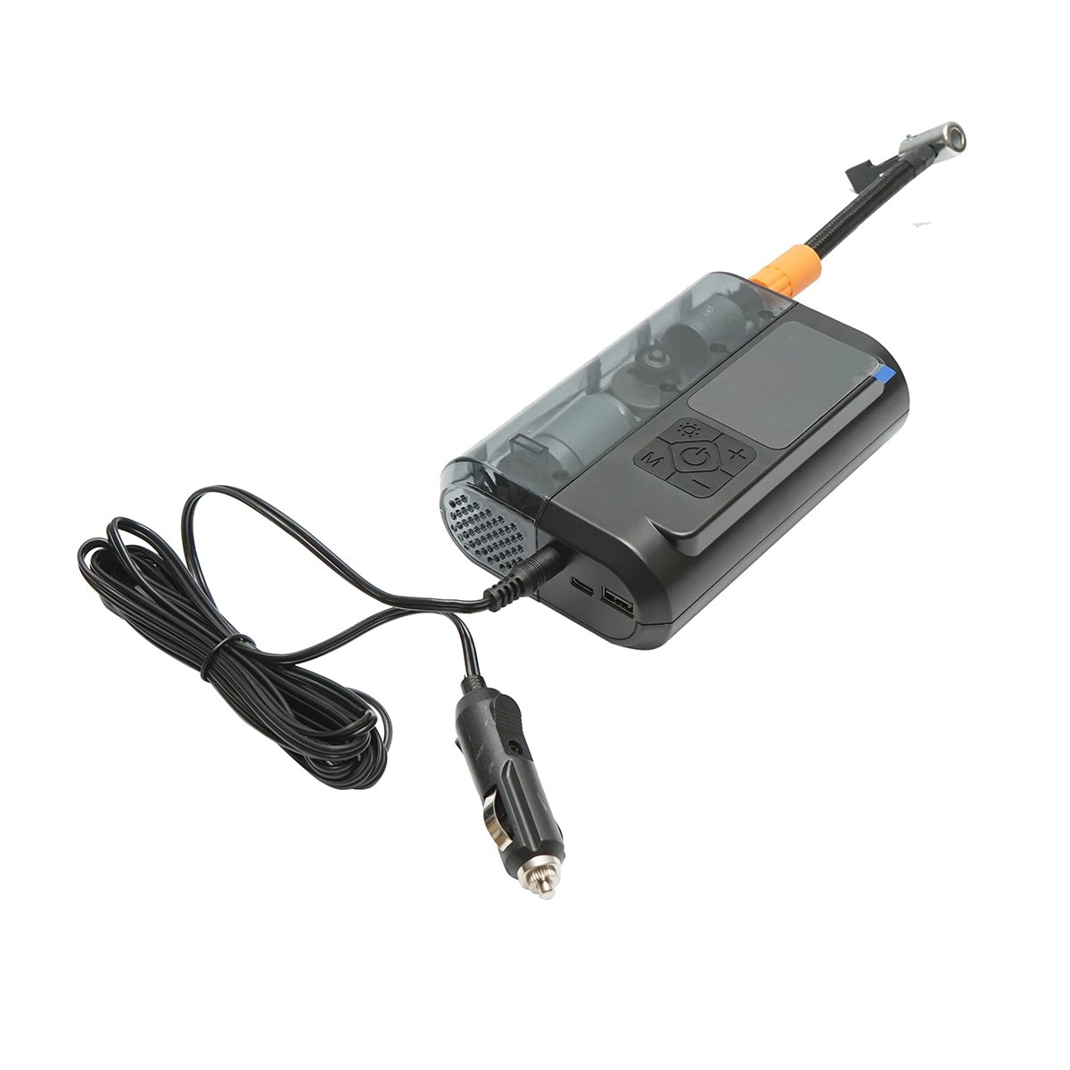 Compresor aer smart portabil digital LED 12V/100W, USB-C 5V/2A, baterie 3x2000mAh, laterna LED, port USB/USB-C, baterie externa, accesorii incluse
